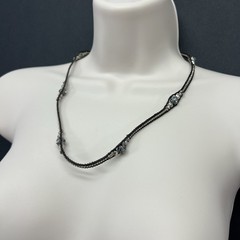 Lucky Brand Woven Brown Silver Tone Bead Necklace Rhinestones 22” Adjusts