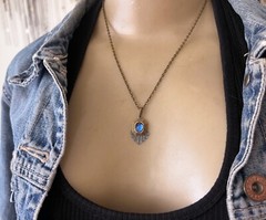 Vintage Necklace Art Deco Delicate Brass Pendant W/ Antique Blue Czech Glass