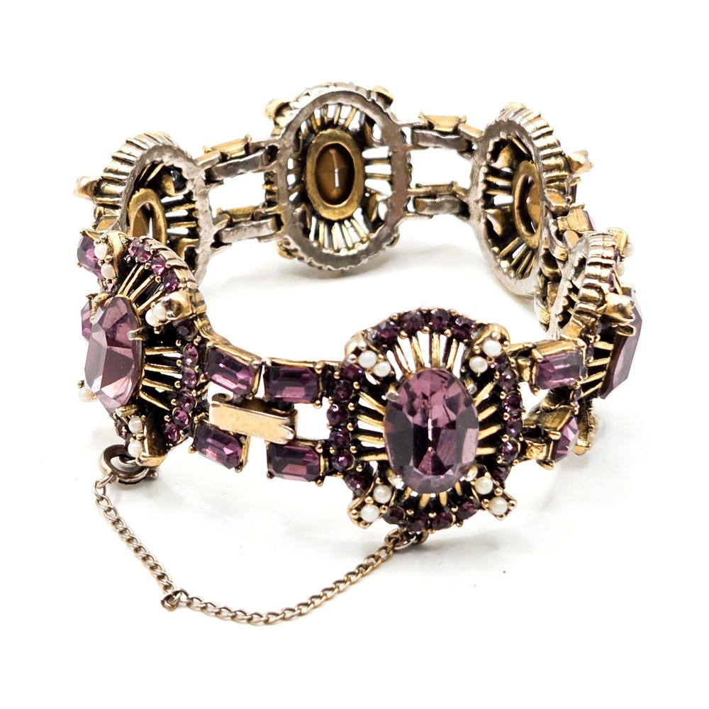 Vintage 1953 Hollycraft Amethyst Purple Rhinestone Pearl Gold Tone Link Bracelet