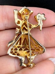 Vintage Rhinestone Brooch Figural Gold tone Woman with Flowers READ