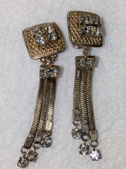 VINTAGE HOBE CLIP STYLE DANGLE MULTI STRAND RHINESTONE EARRINGS