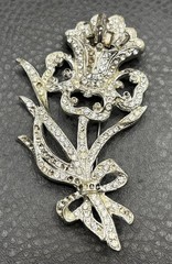 HUGE Vintage Art Deco Pot Metal Rhinestone Iris Flower Brooch Pin READ