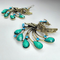 Boho Antique-Bronze Peacock Dangle Statement Earrings Turquoise Rhinestone Drops