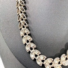 Rhinestone Leaf Link Necklace Women Silver Tone Elegant Vintage Style Jewelry