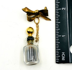 Vintage Gold-Tone Bow w/ Chain Perfume Bottle Pin Brooch a110