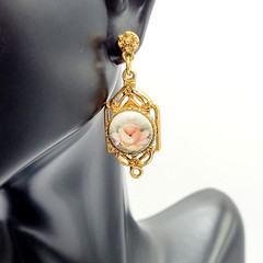 Art Deco Hand Painted Signed Rose Gold Tone Victorian Frame MCM Pierced Earrings