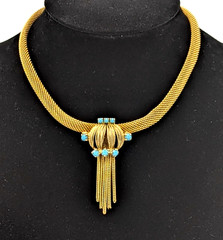 Vintage Mesh Tassel Fringe Necklace Faux Turquoise Gold Tone Victorian Revival