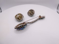 Vintage Blue Rhinestone Brooch Pin Earring Set Large 3.5″ Arora Borealis Retro