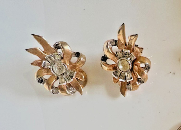 Vintage Signed Mazer Jomaz 1940s Rhinestone & Gold Tone Earrings