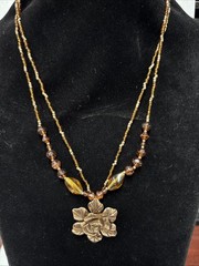 Vintage Cookie Lee Necklace Bronze Flower Double Strand Pendant signed 16” Adjus