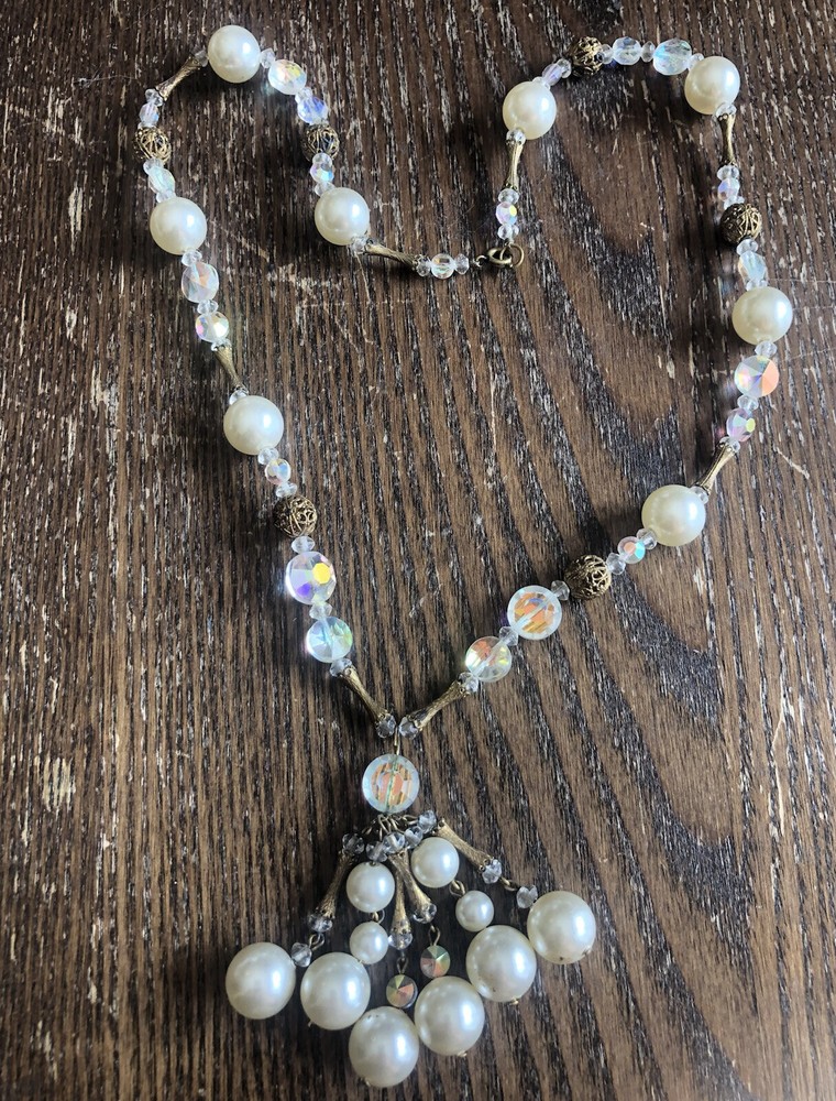 Vintage Gold Clear Ab Crystal Faux Pearl Filigree Brass Tassel Drop Necklace
