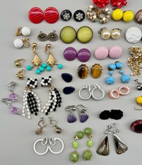 Vintage Clip Earrings Lot of 44 Mix Materials Enamel Lucite Glass Acrylic Stone