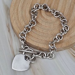 Vintage 925 Sterling Silver Rolo Chain Heart Charm Toggle Bracelet 7.5″ -23.1 g