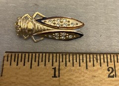 Vintage French Plastic Rhinestone Lucky Cicada Brooch Gold Painted Insect 1.5″
