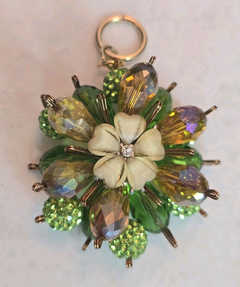 Green Crystal Floral Pendant Double Sided Statement Rhinestone Cluster Gold Tone