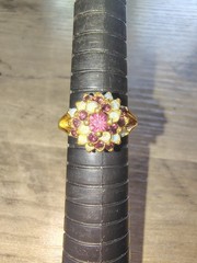Vintage 18K GE Simulated Opal & Amethyst Floral Cluster Ring Size 8 Gold Tone