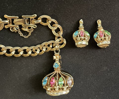 Rare Barclay Rhinestone Charm Bracelet Earrings Crown King Queen Costume Jewelry