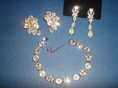 Vtg. EISENBERG BRACELET&TWO PAIRS EARRINGS CLEAR RHINESTONES ALL SIGNED,LOT/SET