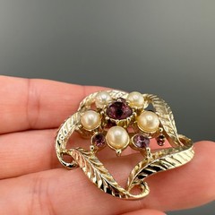 Vintage Wreath Brooch Lot Gold Tone Faux Seed Pearl Pink Stones Textured Brushed
