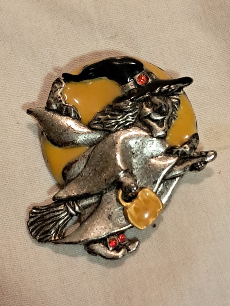 Vintage Arden Halloween Pin Flying Witch Silver Tone Yellow Moon Black Hat