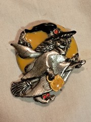 Vintage Arden Halloween Pin Flying Witch Silver Tone Yellow Moon Black Hat