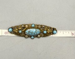 Czech Vintage Turquoise Blue Glass Cabochon Brass Filigree Brooch Pin 2.25”