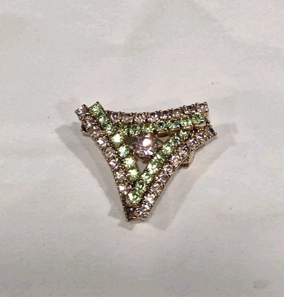 Vintage Pink And Green Rhinestone Triangle Brooch