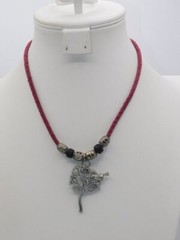 J267-VINTAGE NECKLACE~BURGUNDY CORD/PEWTER BIRD IN TREE~17″-20″