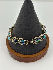 Vintage Iridescent Blue Peacock Oil Slick Rhinestones Gold Tone Bracelet Size 7