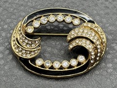 Vintage 1928 Brand Gold Tone Black Enamel Crystal Swirl Brooch Pin Deco Style
