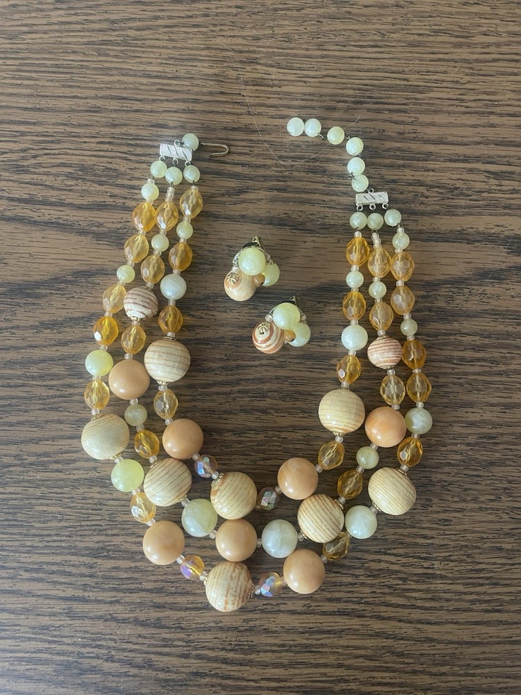 Vintage Japan 3 Strand Orange Cream Necklace And Clip Earrings