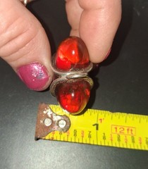 Vintage Sterling Silver Amber Puffy Heart Pendant & Sterling Amber Ring Sz 7.5