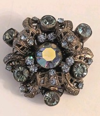 Vintage Aurora Borealis Rhinestone Brooch Domed Filigree Smoky Blue European