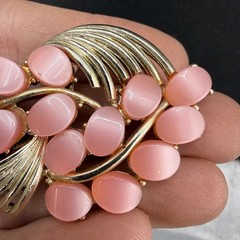 Vintage Thermoset Brooch Pink Moon Glow Gold Tone Spring Summer
