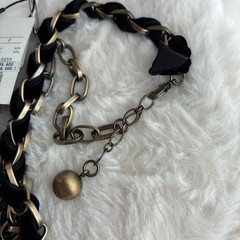 LANVIN Collection Necklace Pendant Gold Plated Black Ribbon Statement