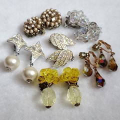 Vintage Clip On Earrings AB Rhinestone Pearl Sarah Cov Unsigned 6 Pair