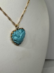 Vintage W. Germany Molded Robins Egg Blue Bird Goldtone Brass Pendant Necklace