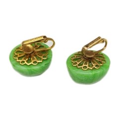 Vogue Green Jade Green Ball Gold tone Clip On Earrings dome .75 in Vintage