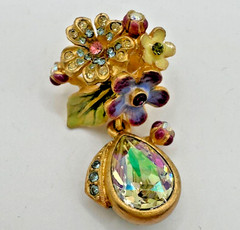 Vintage Jay Strongwater Flower Basket Dangle Rhinestone Statement Pin USA