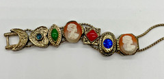 VTG Victorian Revival 14 sliding charms bracelet gold tone Cameo Rhinestone 7″