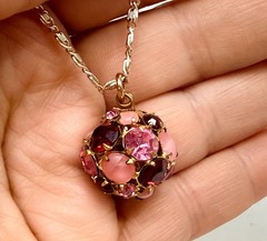 Vintage Necklace Choker Germany Disco Ball Style Pink Gemstones Gold Tone Chain