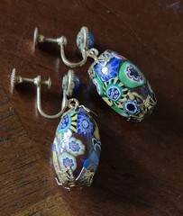 Vintage Murano Millefiori Glass Bead Drip Earrings Gold Tone Twist Back