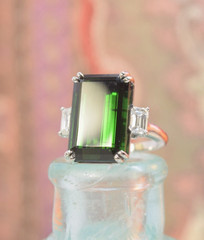 Rare Platinum 17.48 tcw Emerald Cut Green Tourmaline Diamond 3 Stone Ring sz 6