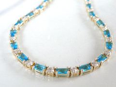 Vintage Gold on Sterling Silver 925 Teal Blue Gemstone Tennis Bracelet 8″