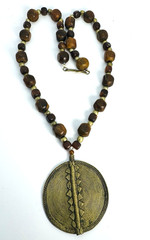 Vintage Brass Pendant Necklace Large Tribal Style Medallion Wood Metal Beads 30″