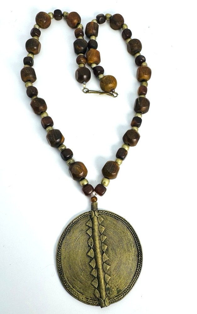 Vintage Brass Pendant Necklace Large Tribal Style Medallion Wood Metal Beads 30″