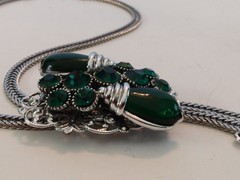 Selro Lariat Necklace Emerald Green Lucite Pendants Czech Glass Rhinestone 1960s