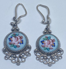 Vintage Earrings Rostov Finift Russian Enamel Painted Floral Dangle Silver Tone