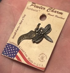 Vintage Dragonfly Pendant Insect Charm Silver Pewter Fossil Museum NOS Jewelry