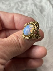 Vintage 18K Signed H.G.E. Victorian Style Faux Fire Opal Solitaire Band Ring 7